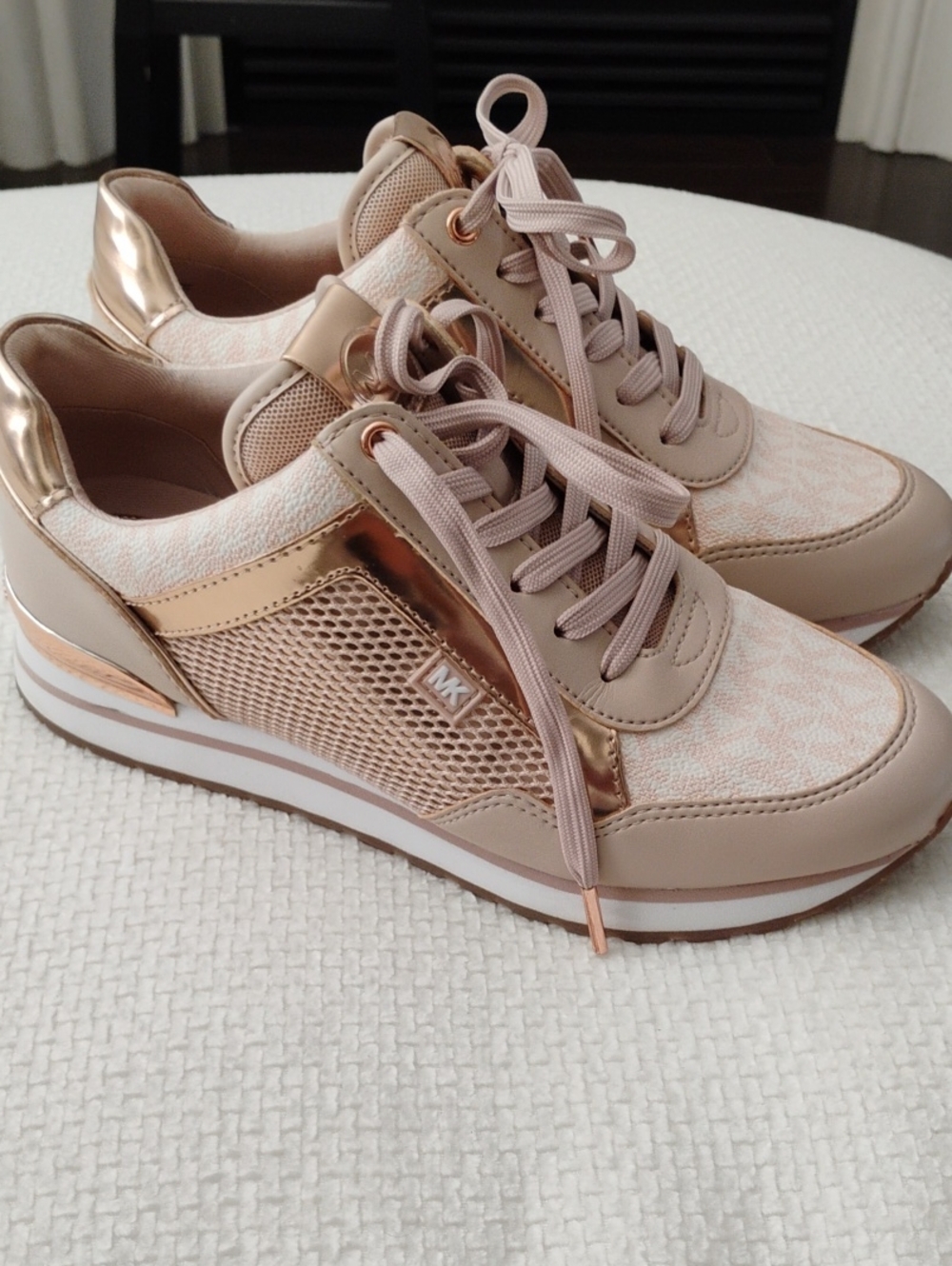 Michael Kors Rose Gold and Blush Logo Knit Lace-Up Sneakers